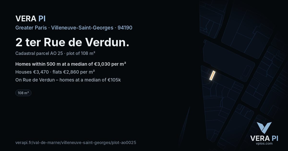 2 ter Rue de Verdun, Villeneuve-Saint-Georges at night – the plot lit, the parcels around coloured by the prices near them