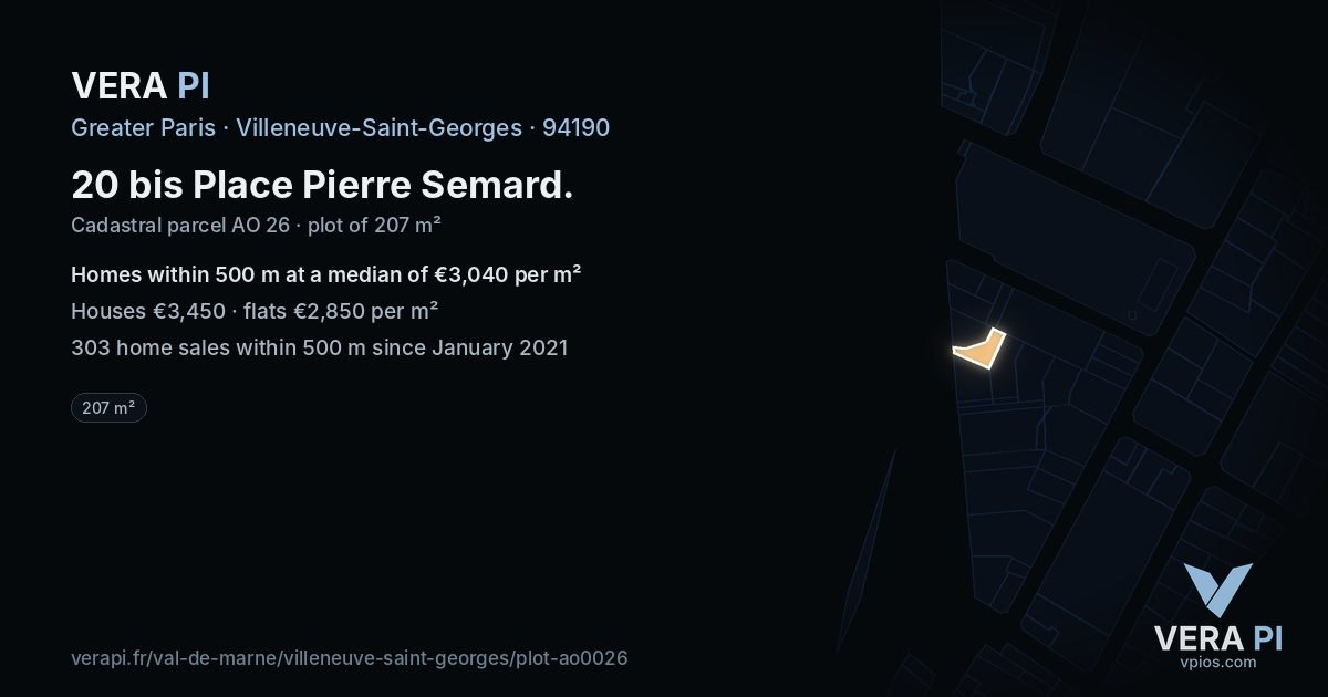20 bis Place Pierre Semard, Villeneuve-Saint-Georges at night – the plot lit, the parcels around coloured by the prices near them