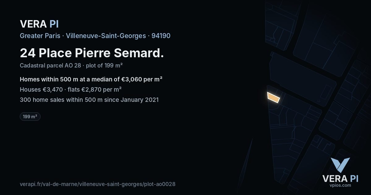 24 Place Pierre Semard, Villeneuve-Saint-Georges at night – the plot lit, the parcels around coloured by the prices near them