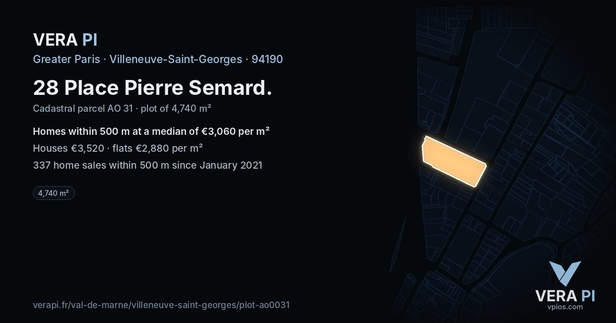 28 Place Pierre Semard, Villeneuve-Saint-Georges at night – the plot lit, the parcels around coloured by the prices near them