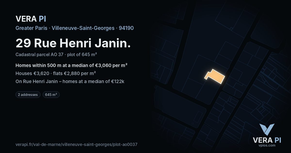 29 Rue Henri Janin, Villeneuve-Saint-Georges at night – the plot lit, the parcels around coloured by the prices near them