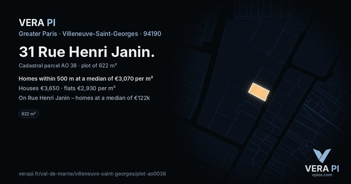 31 Rue Henri Janin, Villeneuve-Saint-Georges at night – the plot lit, the parcels around coloured by the prices near them