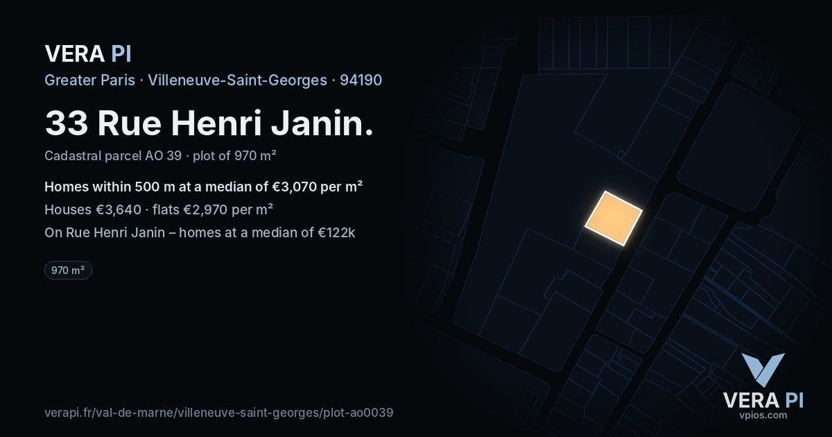 33 Rue Henri Janin, Villeneuve-Saint-Georges at night – the plot lit, the parcels around coloured by the prices near them
