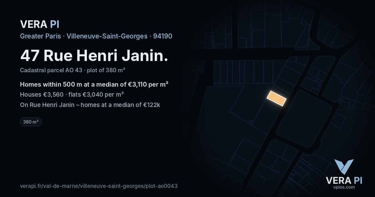 47 Rue Henri Janin, Villeneuve-Saint-Georges at night – the plot lit, the parcels around coloured by the prices near them