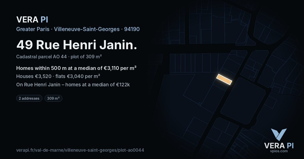 49 Rue Henri Janin, Villeneuve-Saint-Georges at night – the plot lit, the parcels around coloured by the prices near them