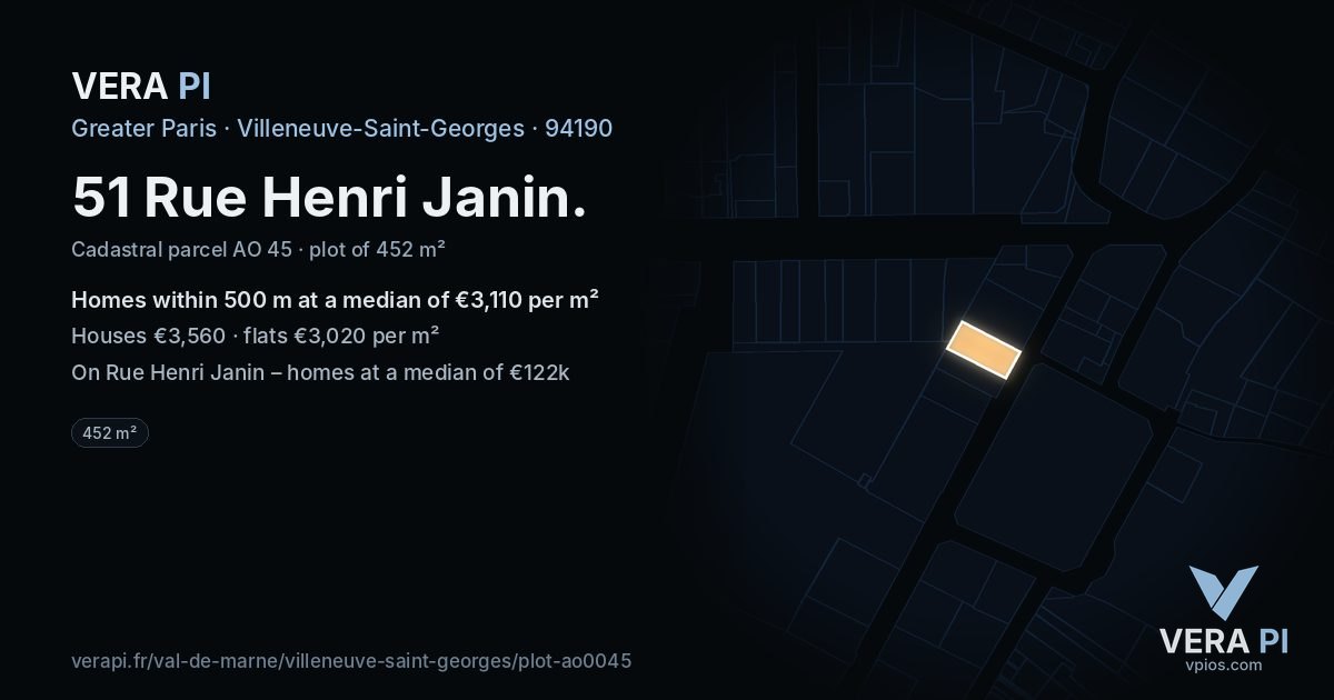51 Rue Henri Janin, Villeneuve-Saint-Georges at night – the plot lit, the parcels around coloured by the prices near them