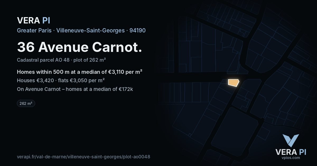 36 Avenue Carnot, Villeneuve-Saint-Georges at night – the plot lit, the parcels around coloured by the prices near them