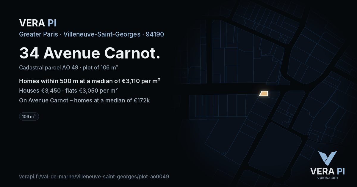 34 Avenue Carnot, Villeneuve-Saint-Georges at night – the plot lit, the parcels around coloured by the prices near them