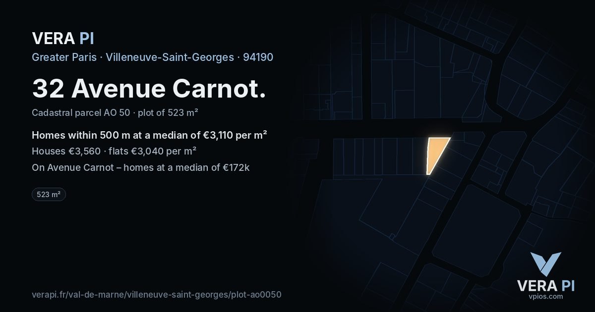 32 Avenue Carnot, Villeneuve-Saint-Georges at night – the plot lit, the parcels around coloured by the prices near them