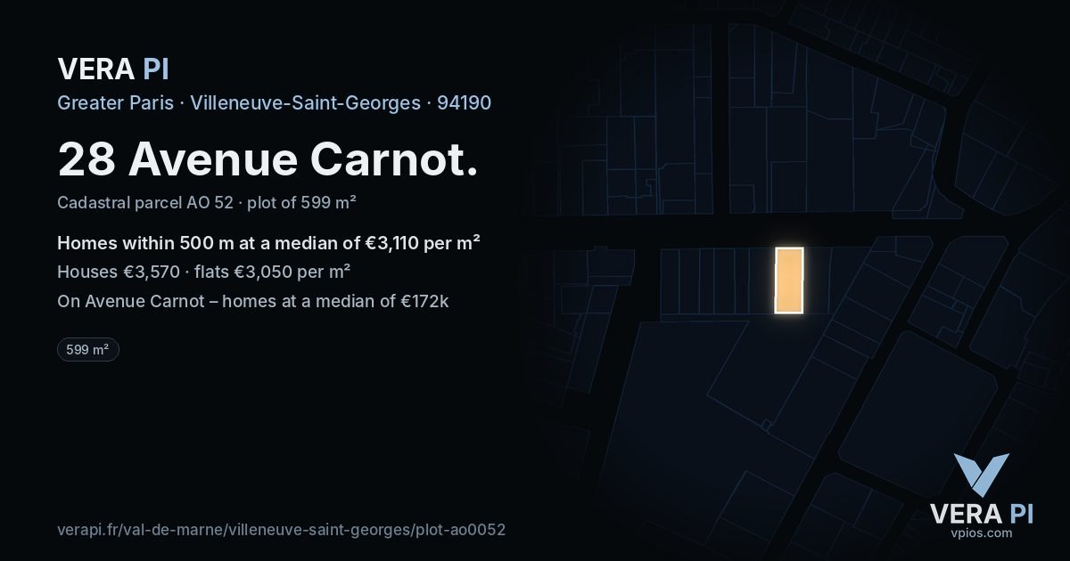 28 Avenue Carnot, Villeneuve-Saint-Georges at night – the plot lit, the parcels around coloured by the prices near them