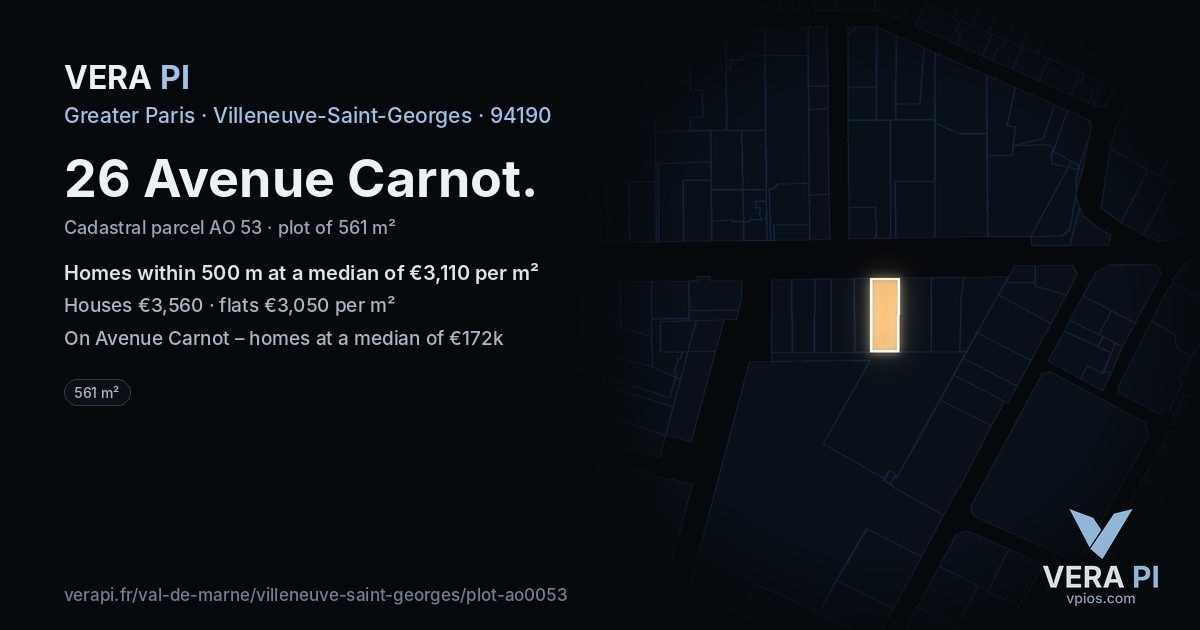 26 Avenue Carnot, Villeneuve-Saint-Georges at night – the plot lit, the parcels around coloured by the prices near them