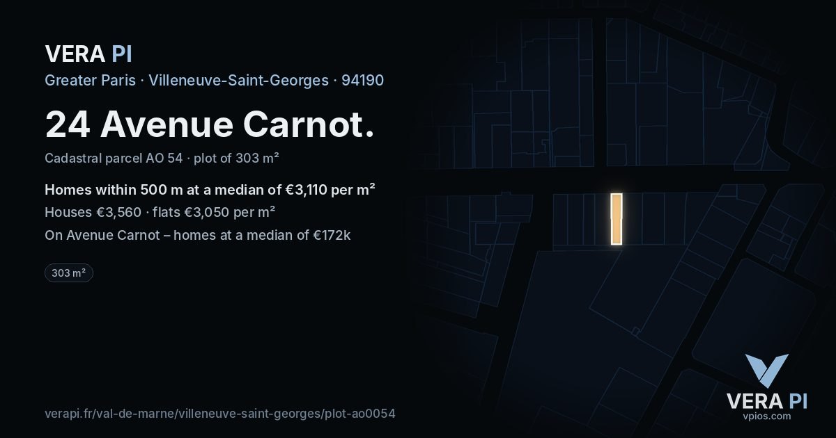 24 Avenue Carnot, Villeneuve-Saint-Georges at night – the plot lit, the parcels around coloured by the prices near them