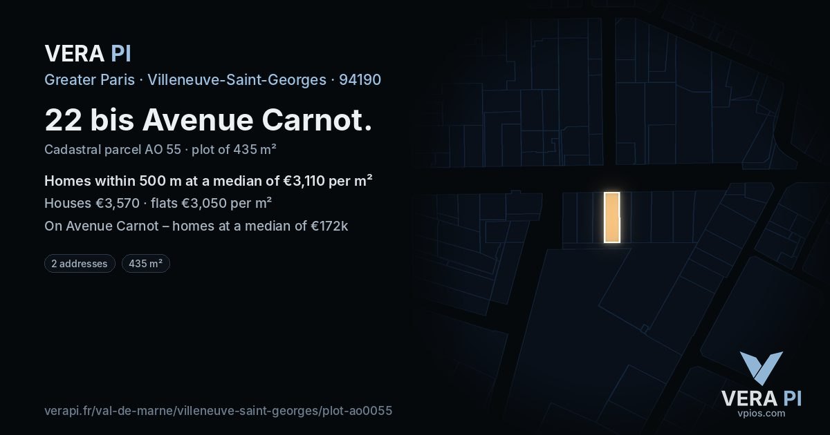 22 bis Avenue Carnot, Villeneuve-Saint-Georges at night – the plot lit, the parcels around coloured by the prices near them