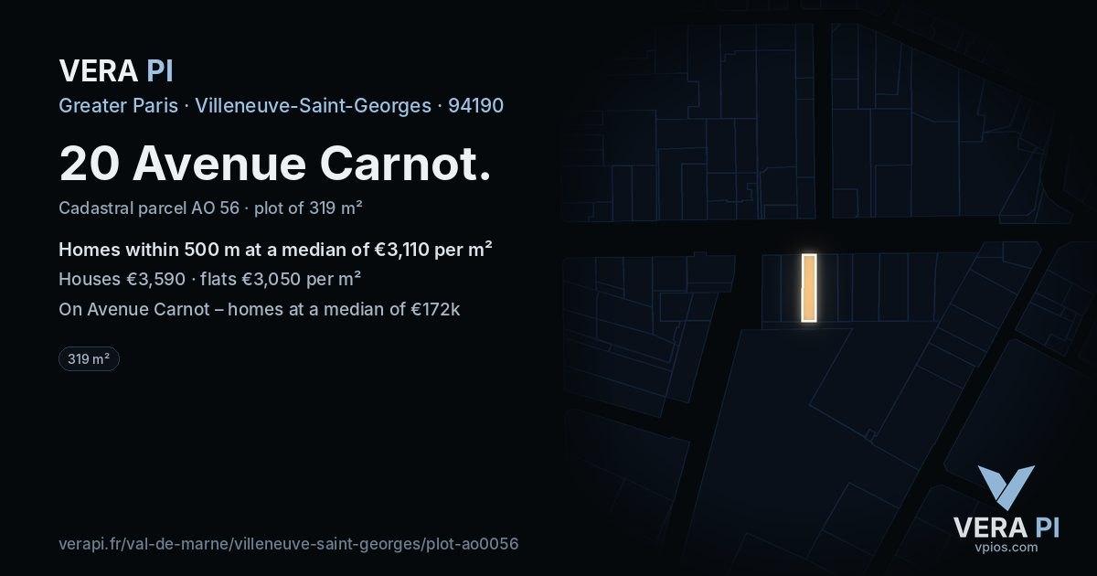 20 Avenue Carnot, Villeneuve-Saint-Georges at night – the plot lit, the parcels around coloured by the prices near them