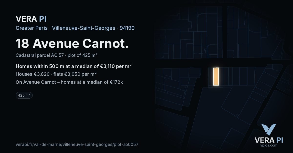 18 Avenue Carnot, Villeneuve-Saint-Georges at night – the plot lit, the parcels around coloured by the prices near them
