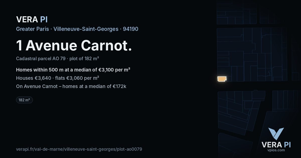 1 Avenue Carnot, Villeneuve-Saint-Georges at night – the plot lit, the parcels around coloured by the prices near them