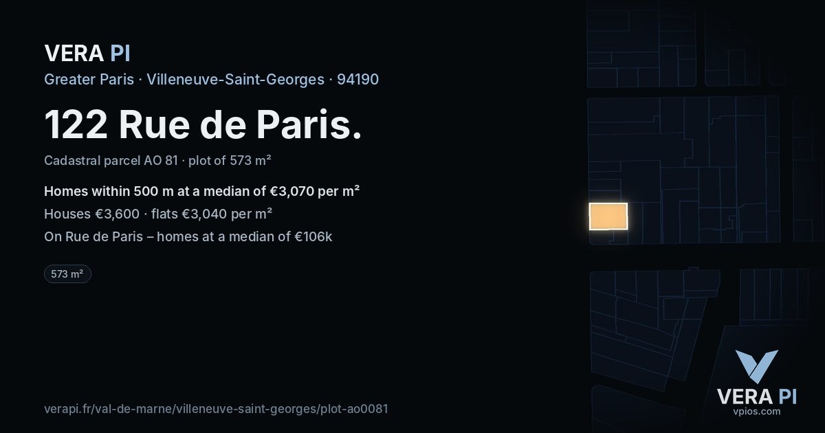 122 Rue de Paris, Villeneuve-Saint-Georges at night – the plot lit, the parcels around coloured by the prices near them