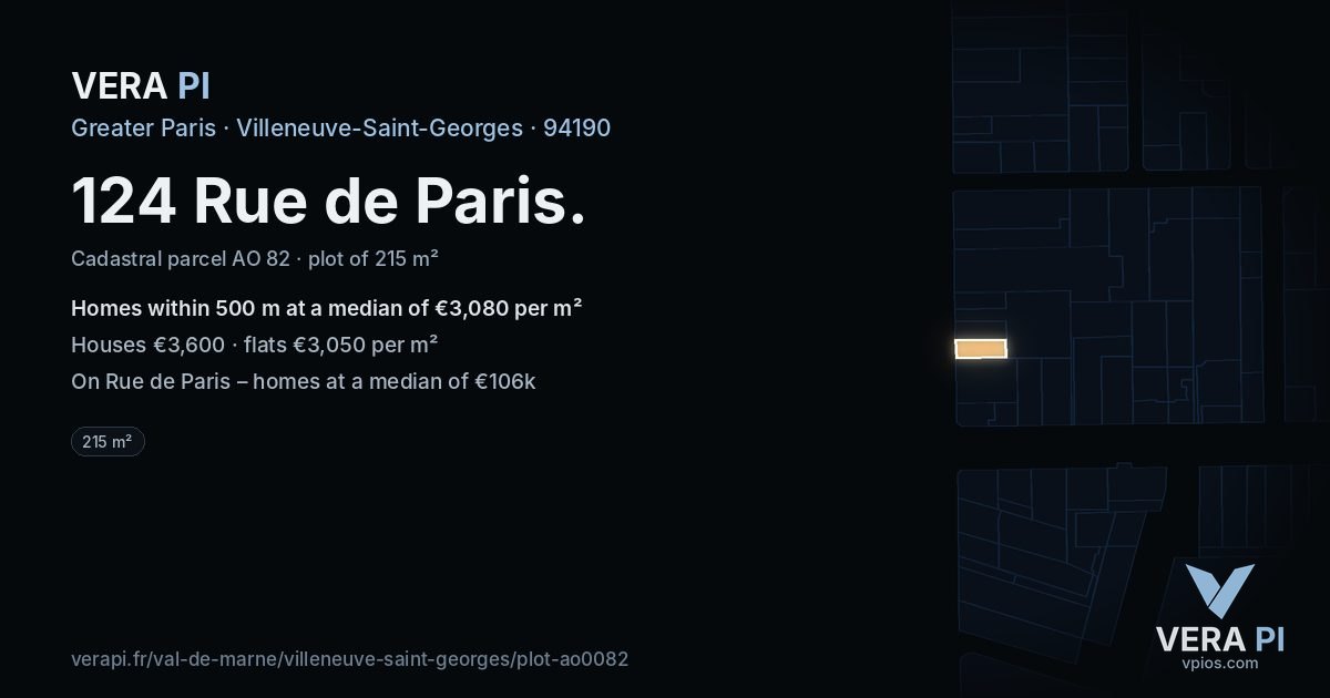 124 Rue de Paris, Villeneuve-Saint-Georges at night – the plot lit, the parcels around coloured by the prices near them