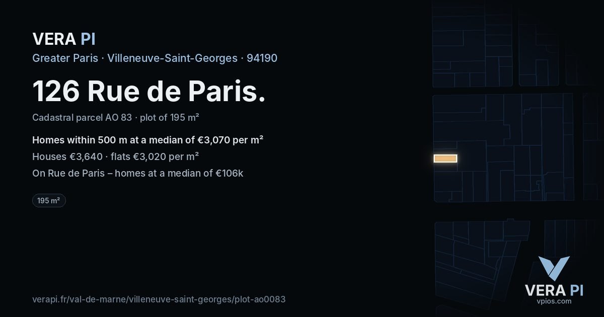 126 Rue de Paris, Villeneuve-Saint-Georges at night – the plot lit, the parcels around coloured by the prices near them