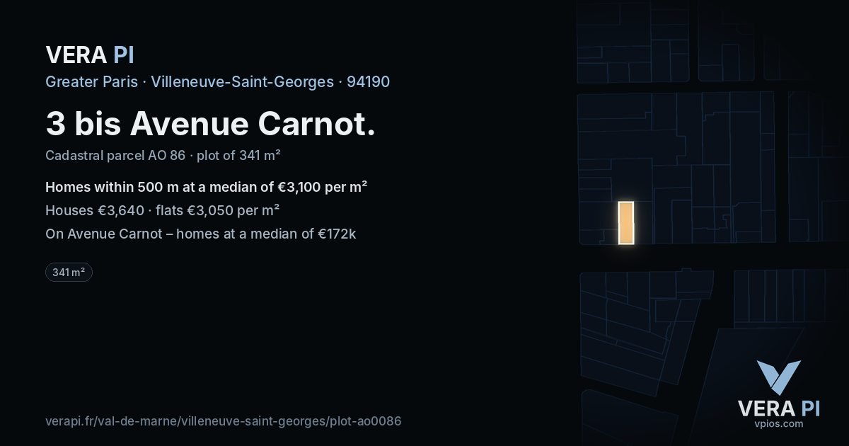 3 bis Avenue Carnot, Villeneuve-Saint-Georges at night – the plot lit, the parcels around coloured by the prices near them