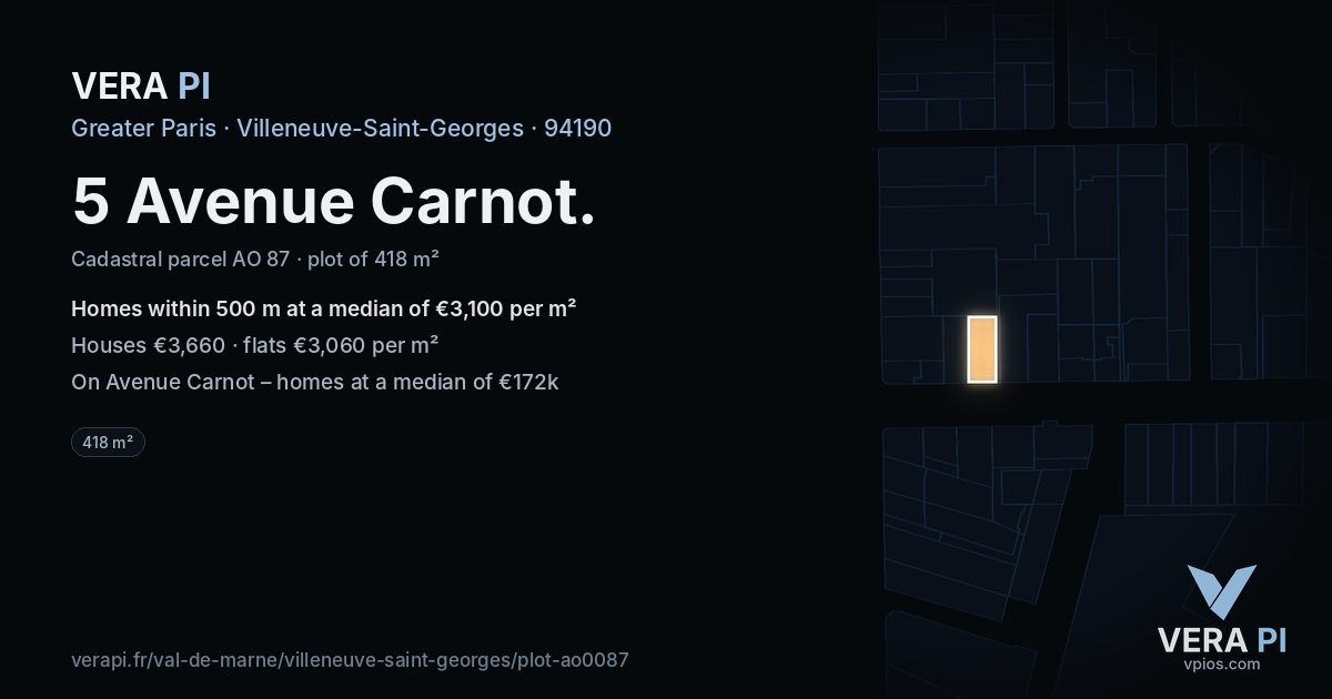 5 Avenue Carnot, Villeneuve-Saint-Georges at night – the plot lit, the parcels around coloured by the prices near them