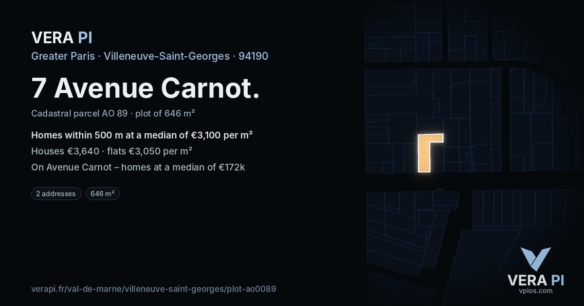 7 Avenue Carnot, Villeneuve-Saint-Georges at night – the plot lit, the parcels around coloured by the prices near them