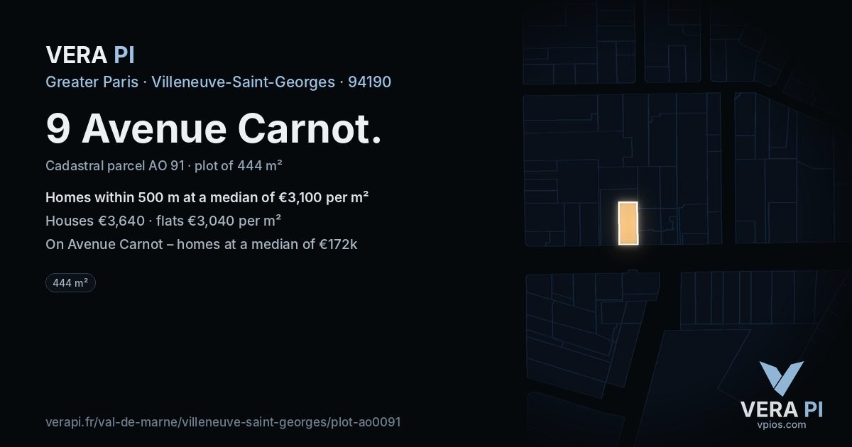 9 Avenue Carnot, Villeneuve-Saint-Georges at night – the plot lit, the parcels around coloured by the prices near them