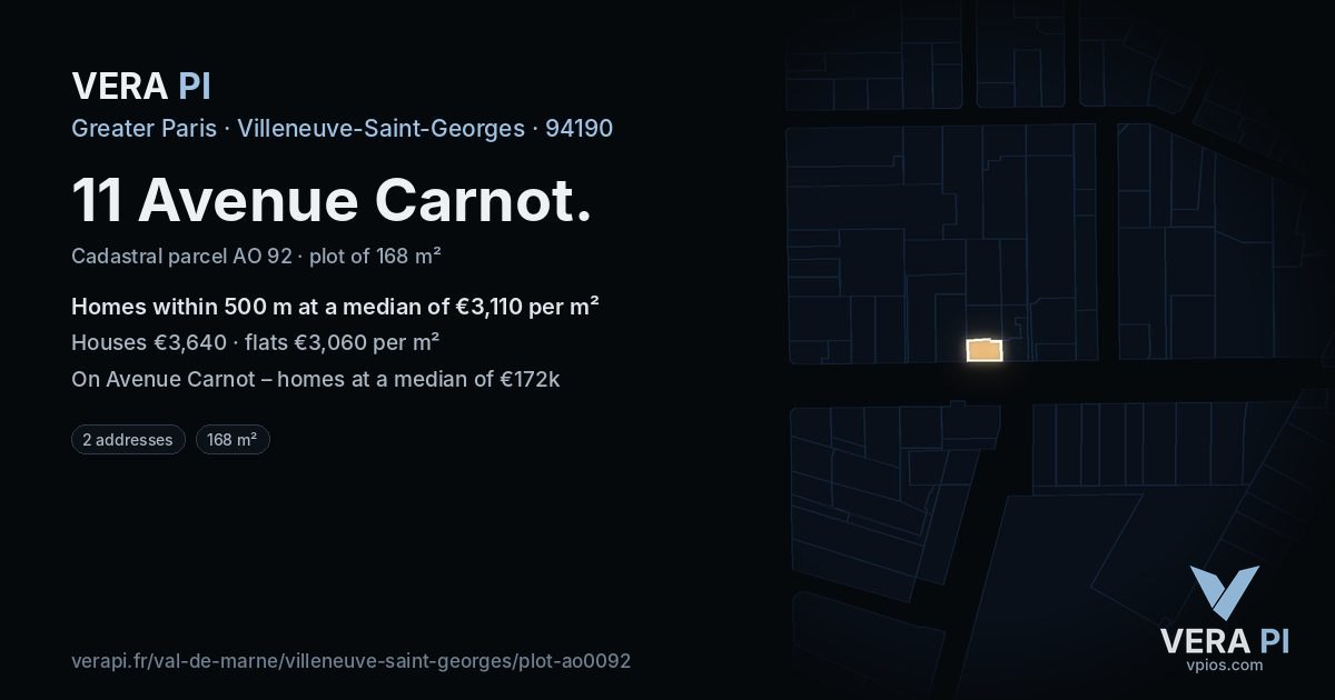 11 Avenue Carnot, Villeneuve-Saint-Georges at night – the plot lit, the parcels around coloured by the prices near them