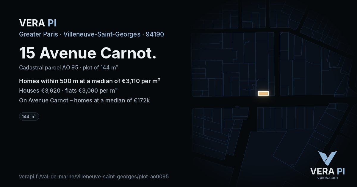 15 Avenue Carnot, Villeneuve-Saint-Georges at night – the plot lit, the parcels around coloured by the prices near them