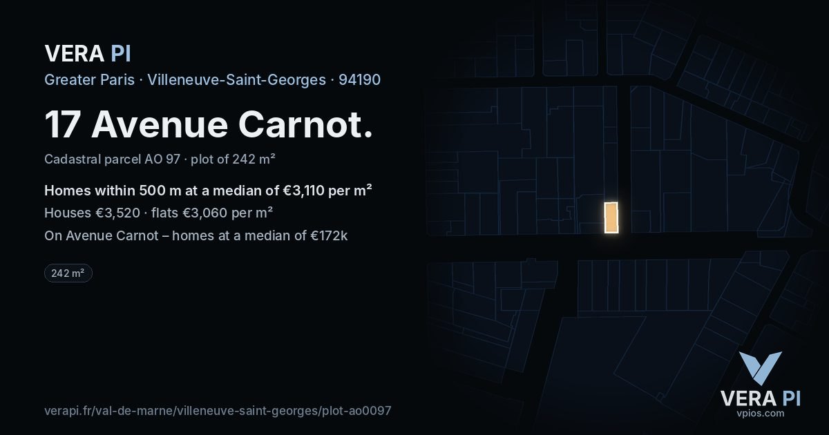 17 Avenue Carnot, Villeneuve-Saint-Georges at night – the plot lit, the parcels around coloured by the prices near them