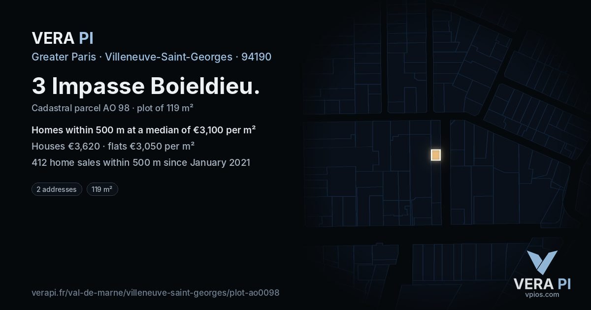 3 Impasse Boieldieu, Villeneuve-Saint-Georges at night – the plot lit, the parcels around coloured by the prices near them