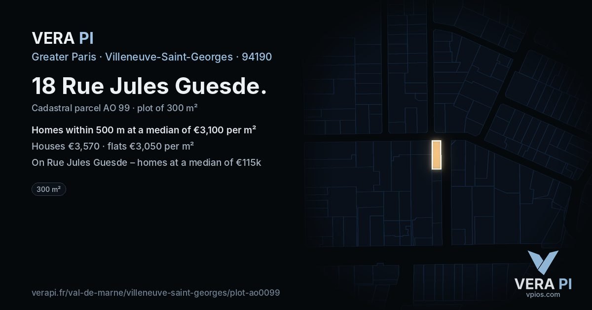 18 Rue Jules Guesde, Villeneuve-Saint-Georges at night – the plot lit, the parcels around coloured by the prices near them