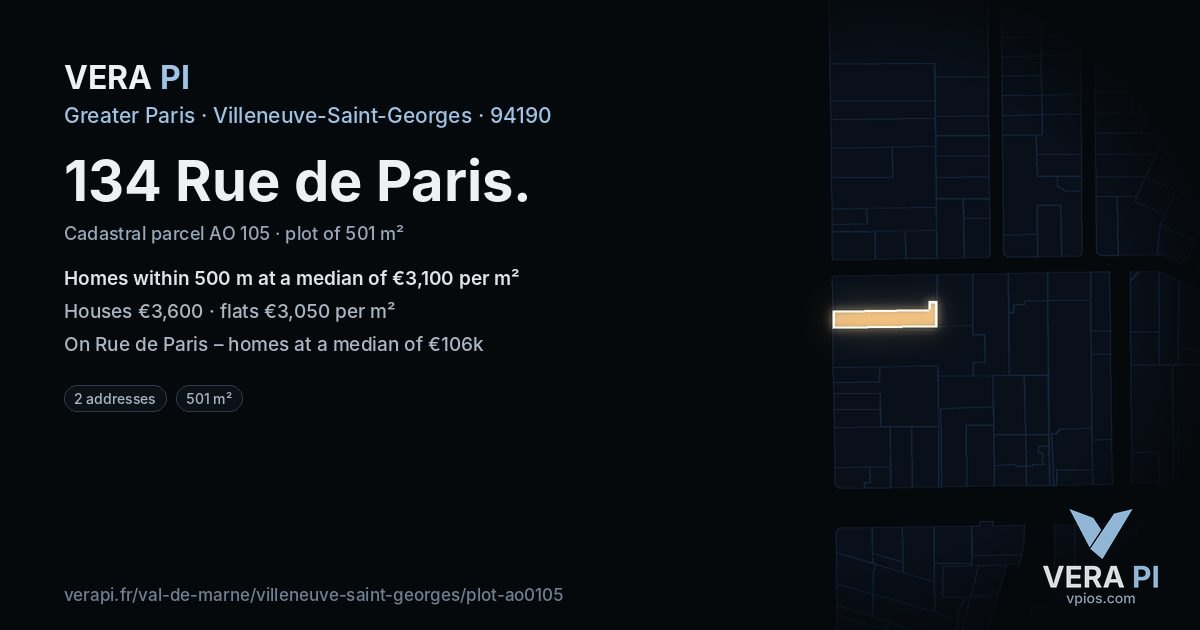 134 Rue de Paris, Villeneuve-Saint-Georges at night – the plot lit, the parcels around coloured by the prices near them
