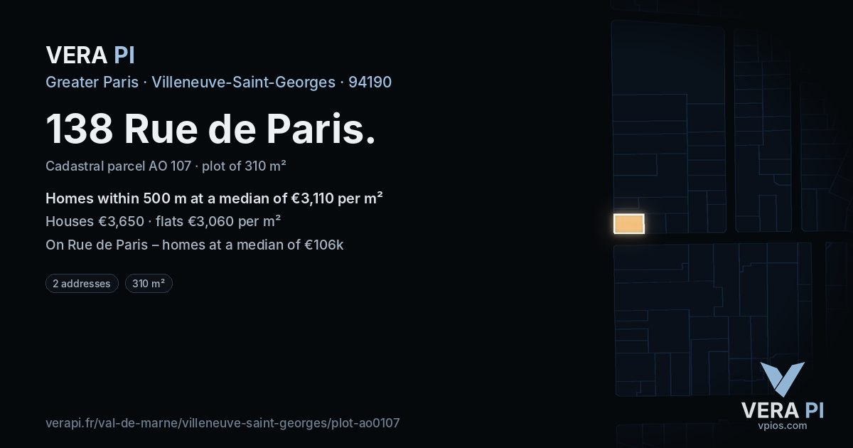 138 Rue de Paris, Villeneuve-Saint-Georges at night – the plot lit, the parcels around coloured by the prices near them