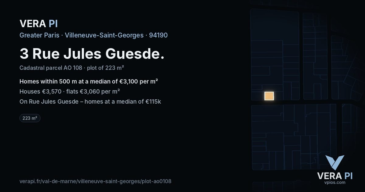3 Rue Jules Guesde, Villeneuve-Saint-Georges at night – the plot lit, the parcels around coloured by the prices near them