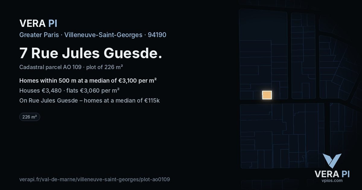 7 Rue Jules Guesde, Villeneuve-Saint-Georges at night – the plot lit, the parcels around coloured by the prices near them