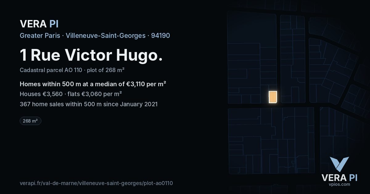 1 Rue Victor Hugo, Villeneuve-Saint-Georges at night – the plot lit, the parcels around coloured by the prices near them