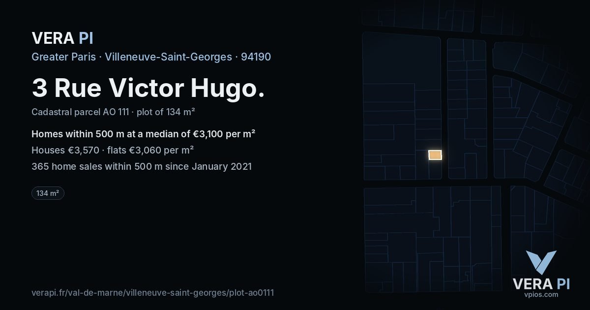 3 Rue Victor Hugo, Villeneuve-Saint-Georges at night – the plot lit, the parcels around coloured by the prices near them