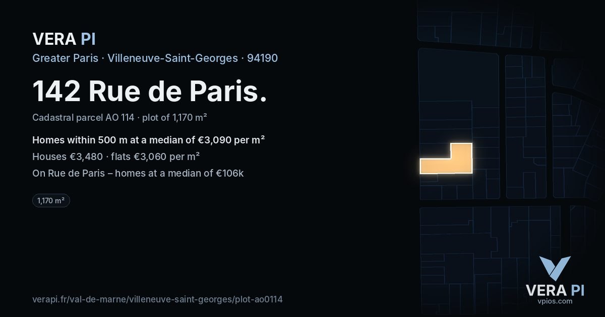 142 Rue de Paris, Villeneuve-Saint-Georges at night – the plot lit, the parcels around coloured by the prices near them