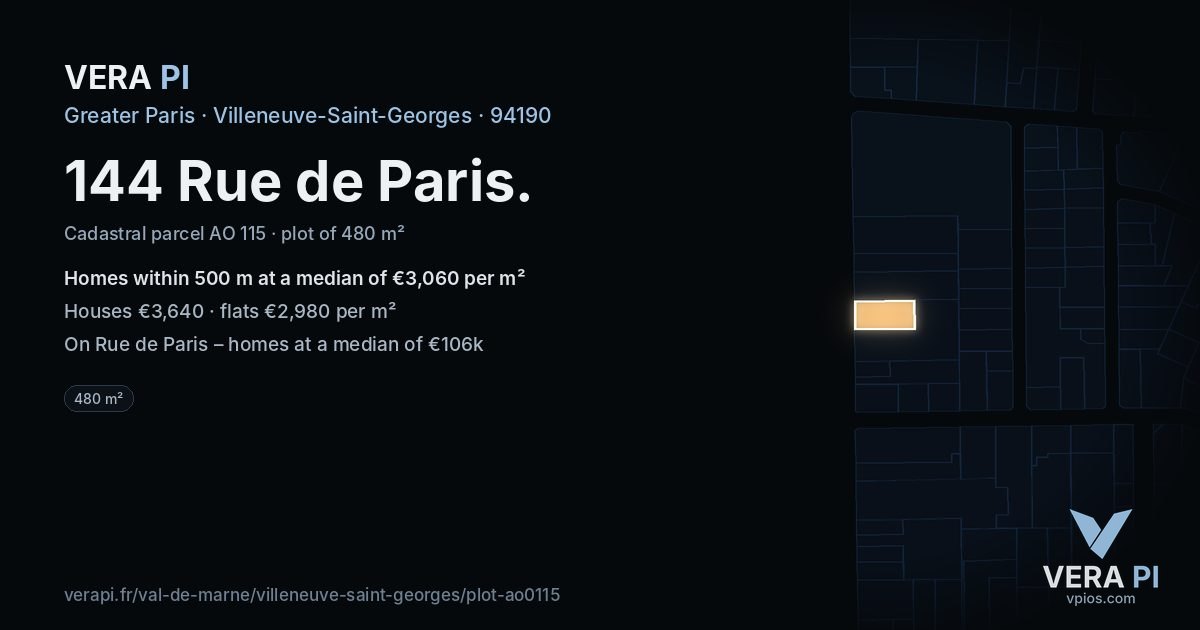 144 Rue de Paris, Villeneuve-Saint-Georges at night – the plot lit, the parcels around coloured by the prices near them