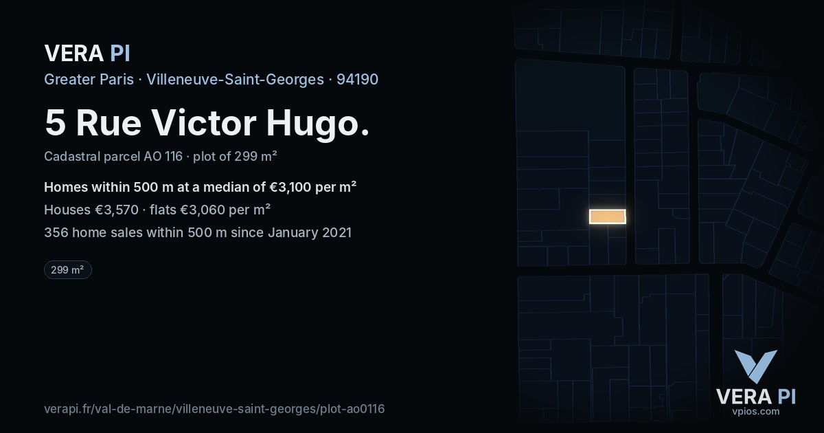 5 Rue Victor Hugo, Villeneuve-Saint-Georges at night – the plot lit, the parcels around coloured by the prices near them