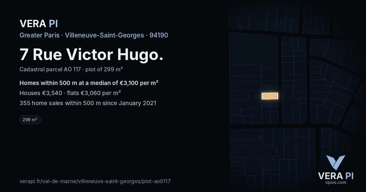 7 Rue Victor Hugo, Villeneuve-Saint-Georges at night – the plot lit, the parcels around coloured by the prices near them