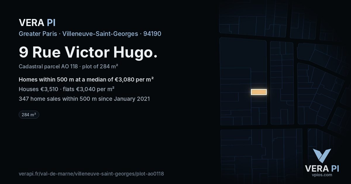 9 Rue Victor Hugo, Villeneuve-Saint-Georges at night – the plot lit, the parcels around coloured by the prices near them