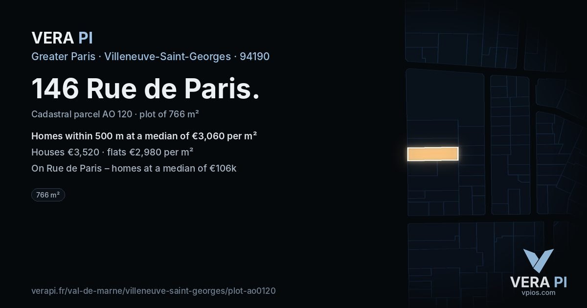 146 Rue de Paris, Villeneuve-Saint-Georges at night – the plot lit, the parcels around coloured by the prices near them