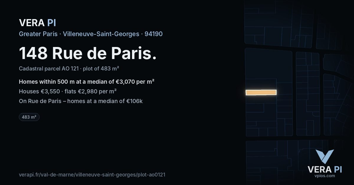 148 Rue de Paris, Villeneuve-Saint-Georges at night – the plot lit, the parcels around coloured by the prices near them