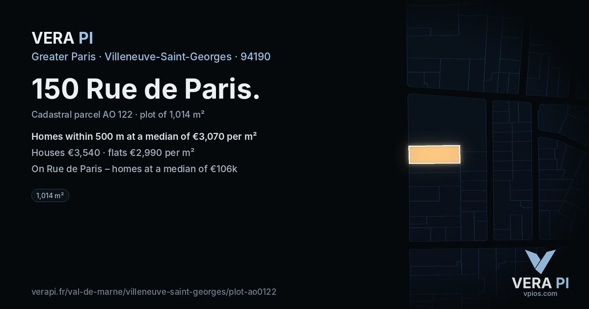 150 Rue de Paris, Villeneuve-Saint-Georges at night – the plot lit, the parcels around coloured by the prices near them