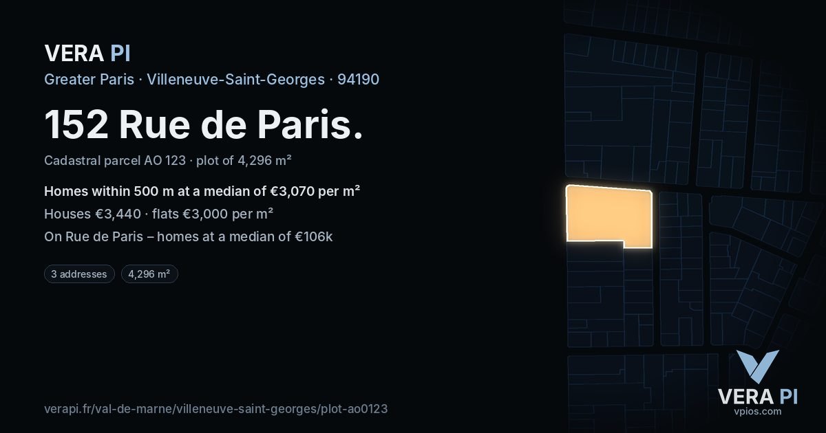 152 Rue de Paris, Villeneuve-Saint-Georges at night – the plot lit, the parcels around coloured by the prices near them