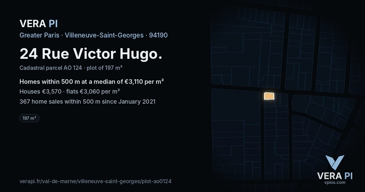 24 Rue Victor Hugo, Villeneuve-Saint-Georges at night – the plot lit, the parcels around coloured by the prices near them