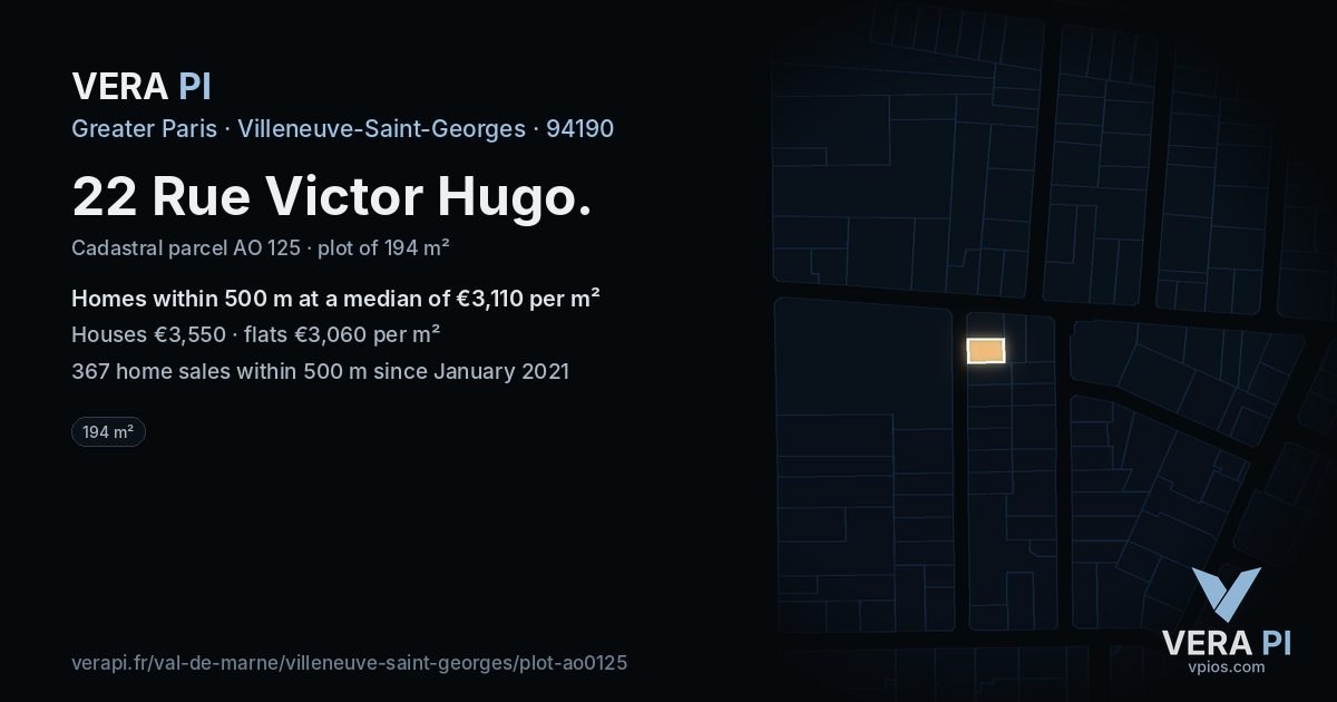 22 Rue Victor Hugo, Villeneuve-Saint-Georges at night – the plot lit, the parcels around coloured by the prices near them