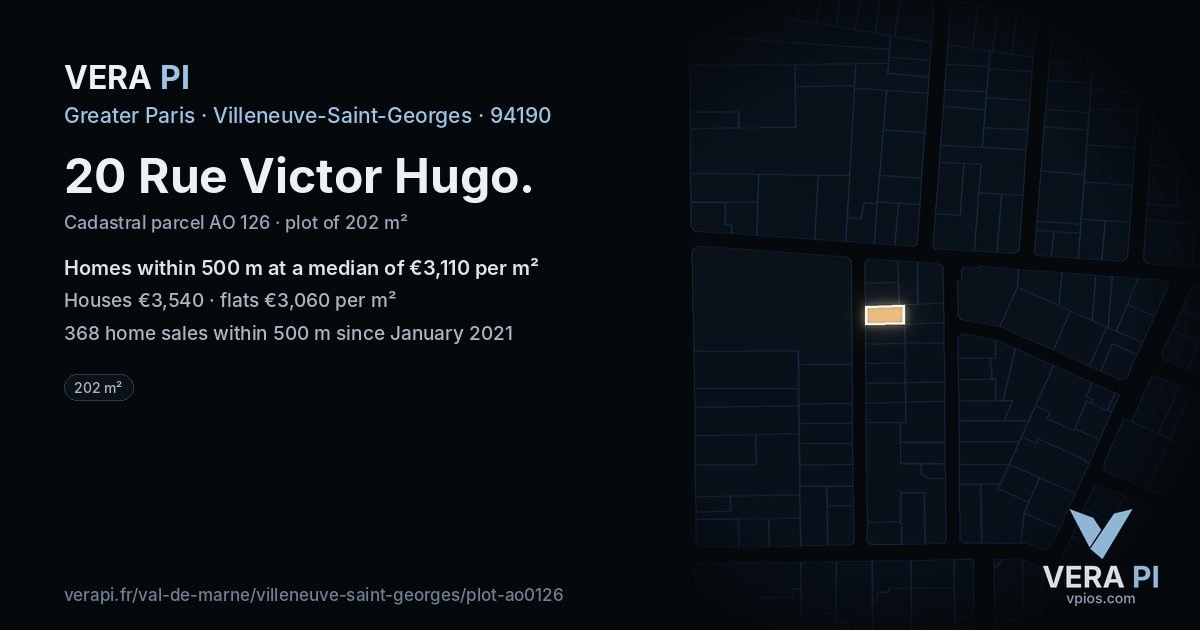 20 Rue Victor Hugo, Villeneuve-Saint-Georges at night – the plot lit, the parcels around coloured by the prices near them
